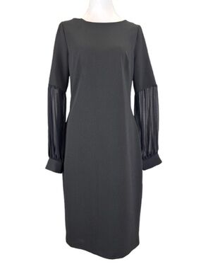 Calvin Klein Black Sheath Dress Pleated Sleeve Gold Zip Knee Length Size 10 NWT